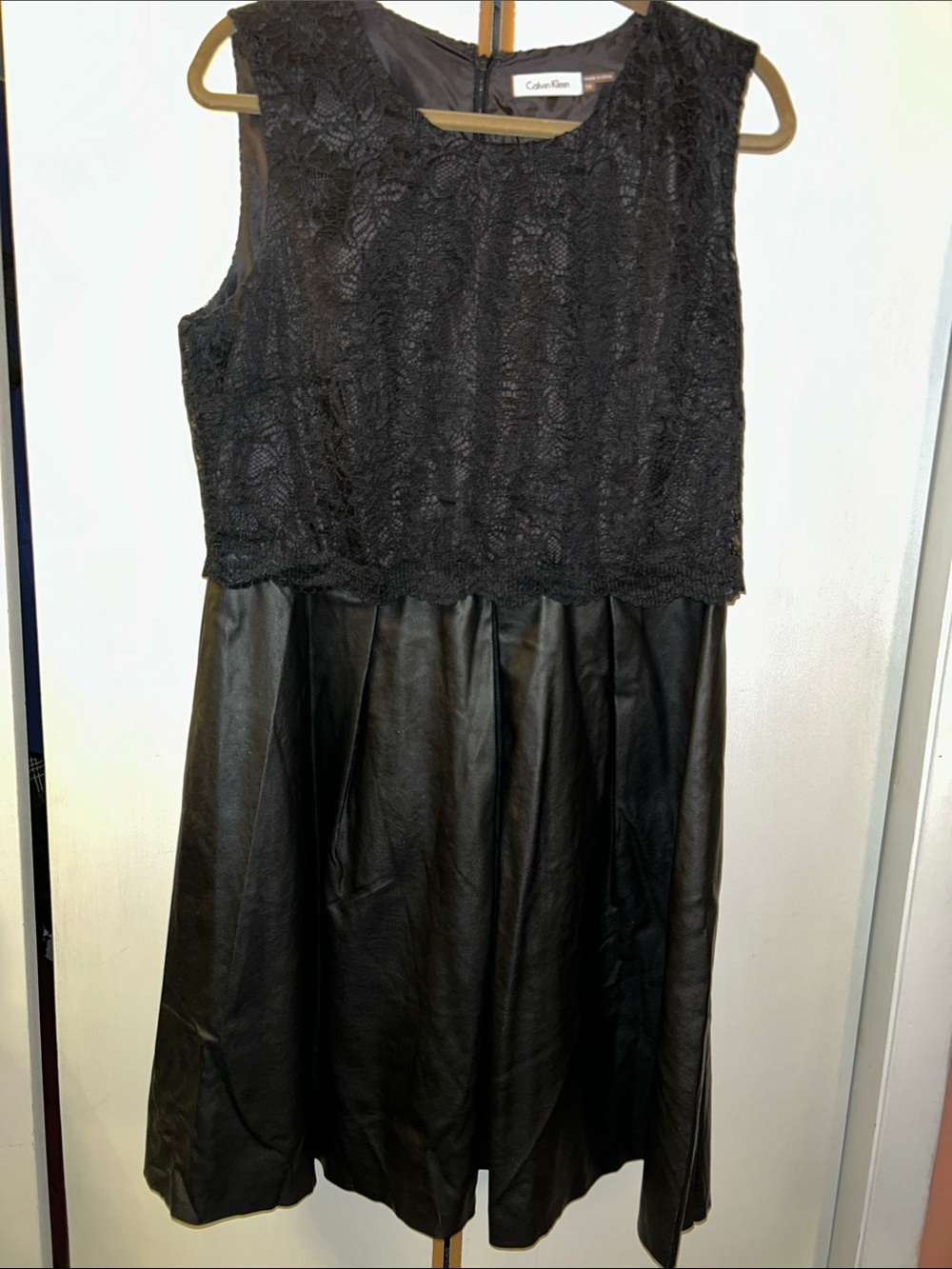 Calvin Klein Black Lace Bodice with Faux Leather Skirt Dress